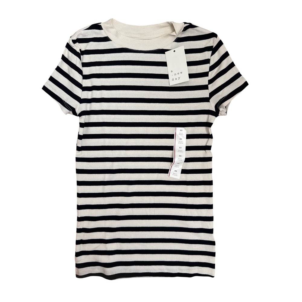 A New Day Womens XS Striped Short Sleeve Ribbed Crewneck T-Shirt Cream Black NEW